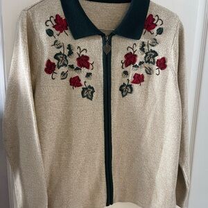 Vintage‎ Floral Embroidered Zip Up Cardigan Sweater Beige Green Leaf Pull L